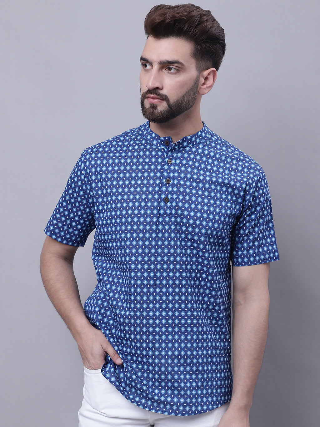 Even Apparels Blue Pure Cotton Short Kurta With Band Collar | Grocsy