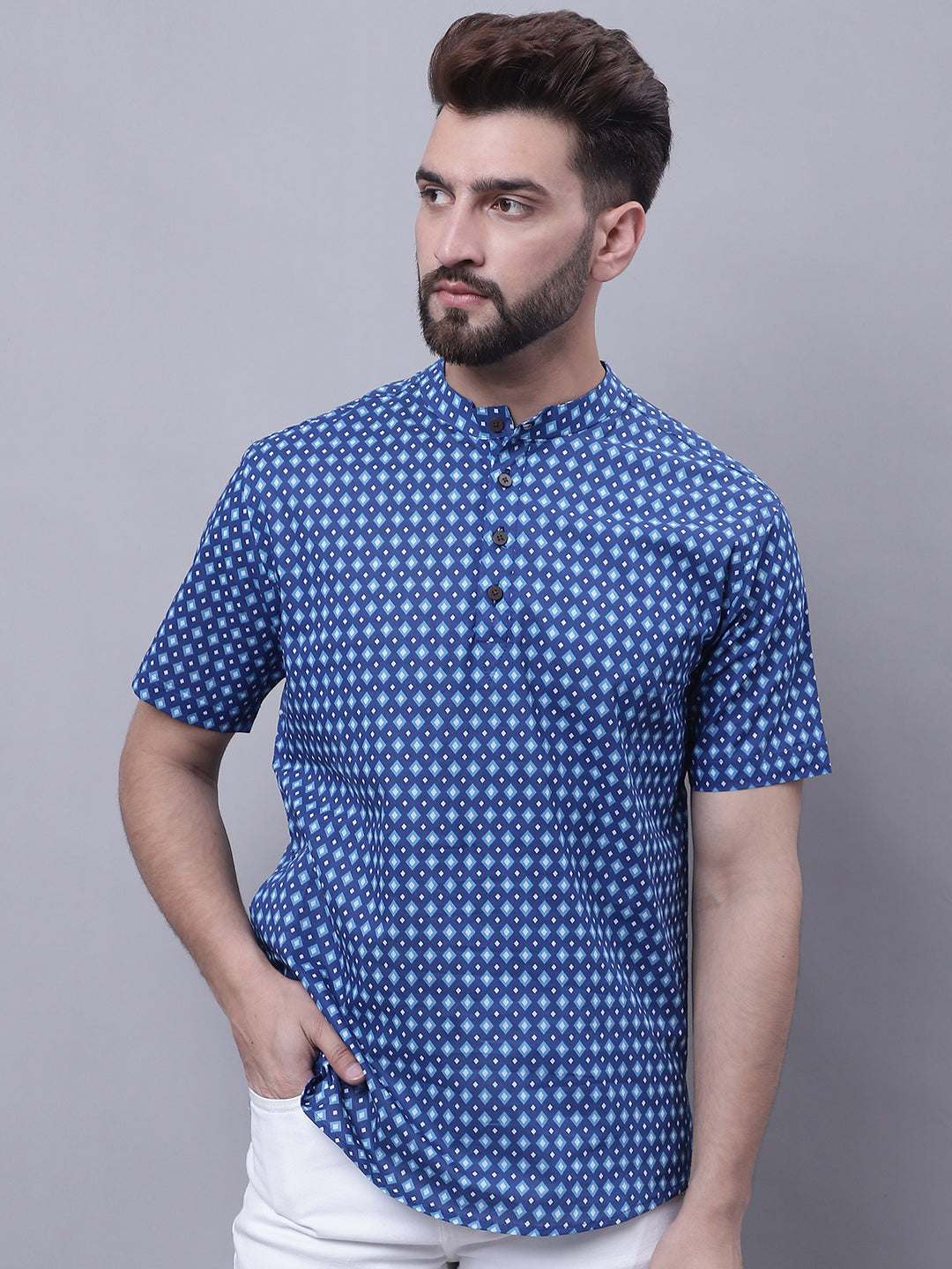 Even Apparels Blue Pure Cotton Short Kurta With Band Collar | Grocsy