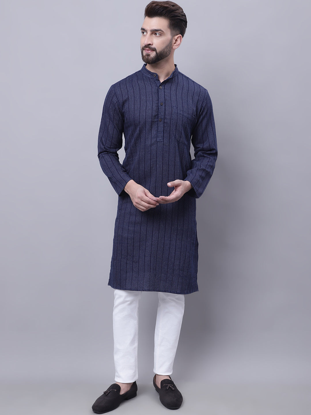 Even Apparels Blue Pure Cotton Kurta With Band Collar | Grocsy
