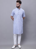 Even Apparels Blue Pure Cotton Short Sleeves Kurta With Band Collar | Grocsy
