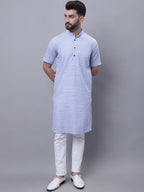 Even Apparels Blue Pure Cotton Short Sleeves Kurta With Band Collar | Grocsy