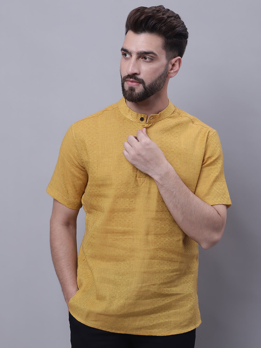 Even Apparels Yellow Pure Cotton Short Sleeves Kurta With Band Collar | Grocsy