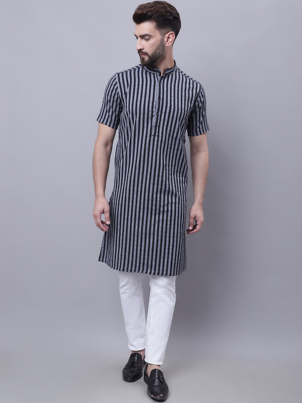 Even Apparels Multi Pure Cotton Short Sleeves Kurta With Band Collar | Grocsy