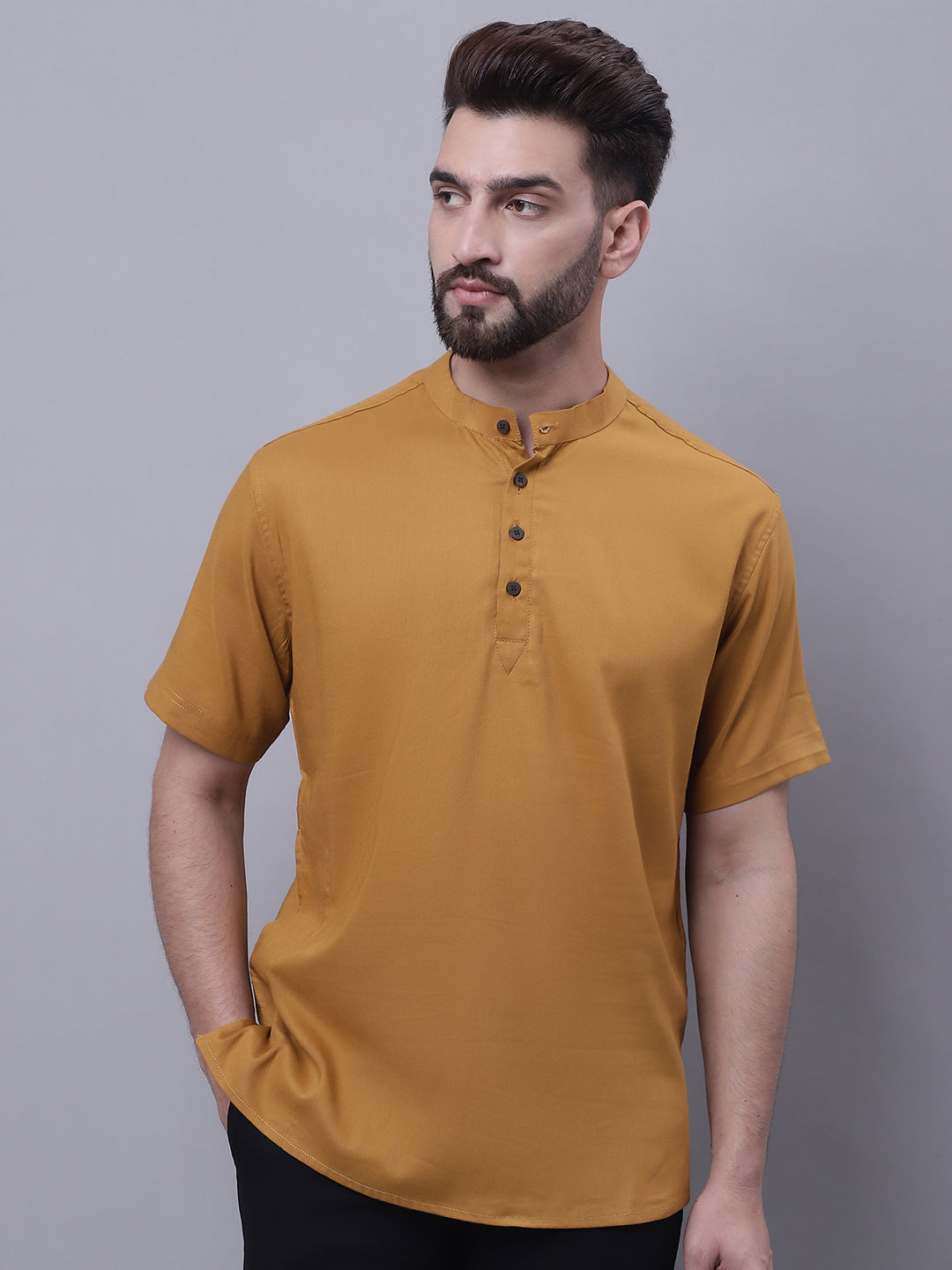 Even Apparels Brown Pure Cotton Short Kurta With Band Collar | Grocsy