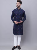Even Apparels Blue Pure Cotton Kurta With Band Collar | Grocsy