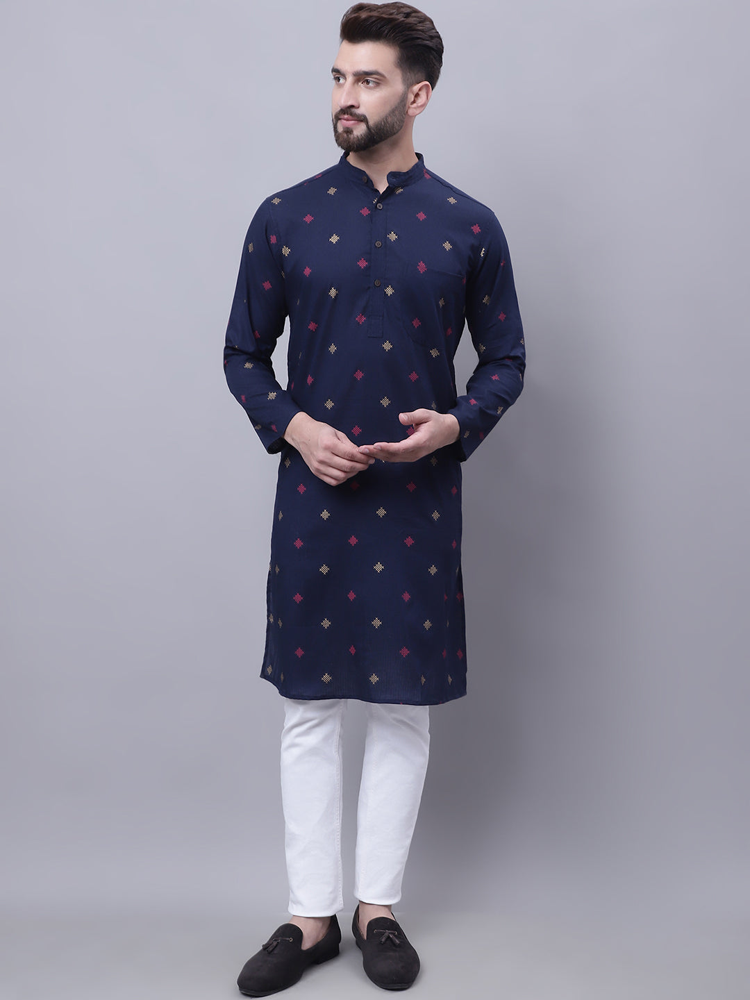 Even Apparels Blue Pure Cotton Kurta With Band Collar | Grocsy