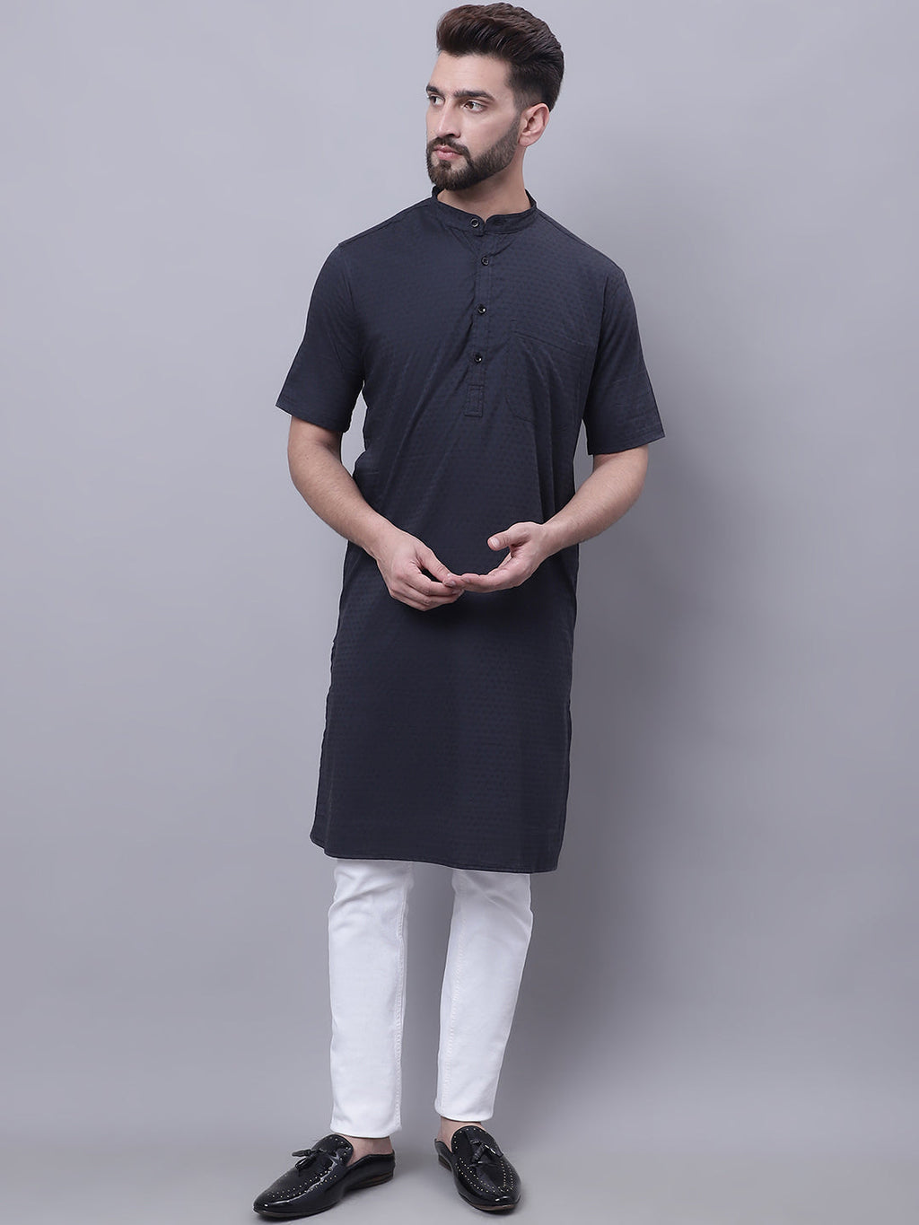 Even Apparels Black Pure Cotton Short Sleeves Kurta With Band Collar | Grocsy