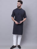 Even Apparels Black Pure Cotton Short Sleeves Kurta With Band Collar | Grocsy