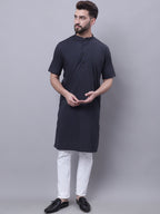 Even Apparels Black Pure Cotton Short Sleeves Kurta With Band Collar | Grocsy