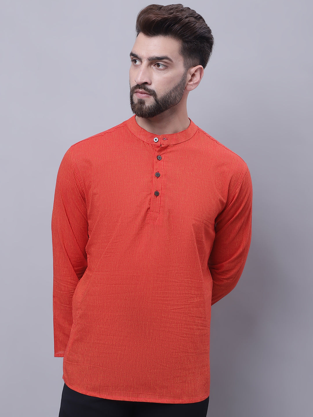Even Apparels Orange Pure Cotton Short Kurta With Band Collar | Grocsy