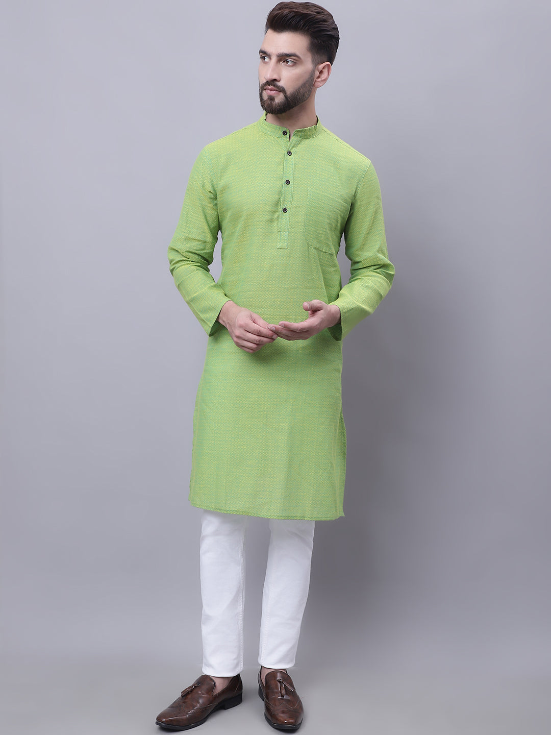 Even Apparels Green Pure Cotton Kurta With Band Collar | Grocsy