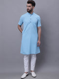 Even Apparels Blue Pure Cotton Short Sleeves Kurta With Band Collar | Grocsy