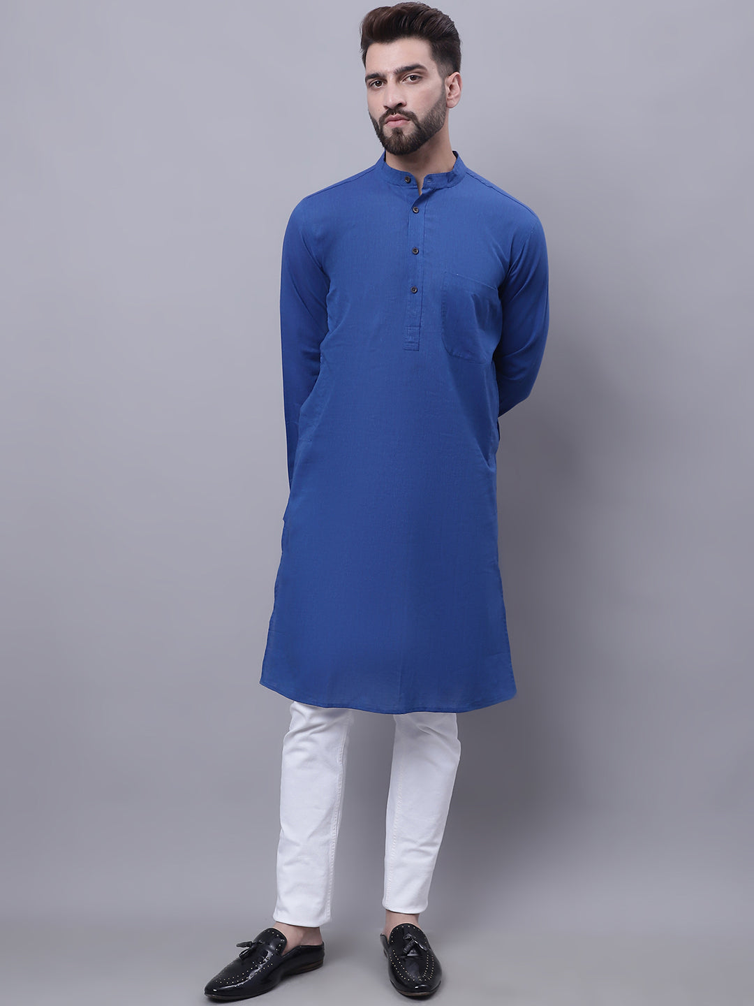 Even Apparels Blue Pure Cotton Kurta With Band Collar | Grocsy