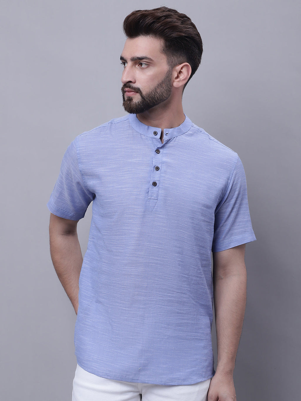 Even Apparels Blue Pure Cotton Short Kurta With Band Collar | Grocsy