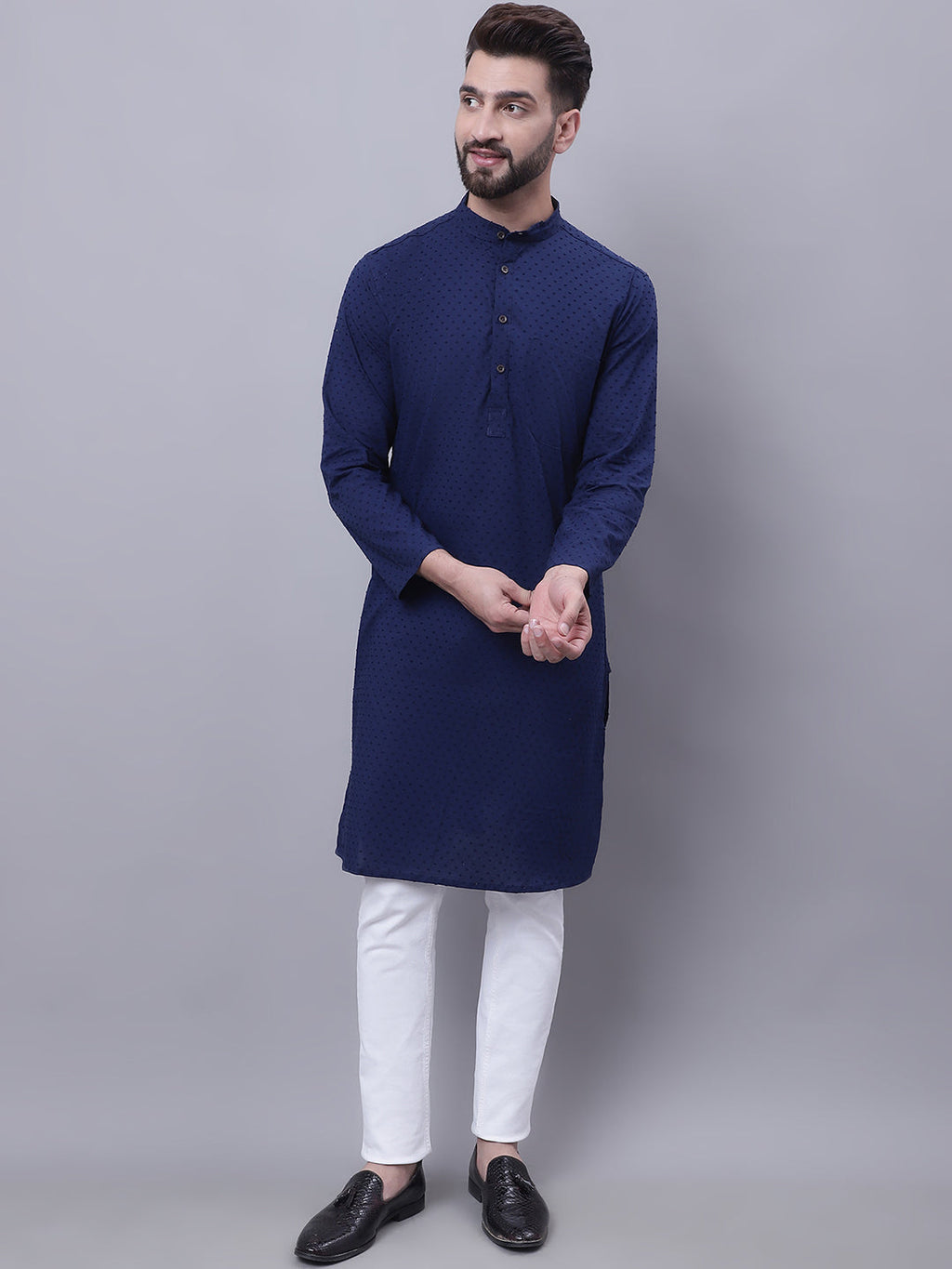 Even Apparels Blue Pure Cotton Kurta With Band Collar | Grocsy
