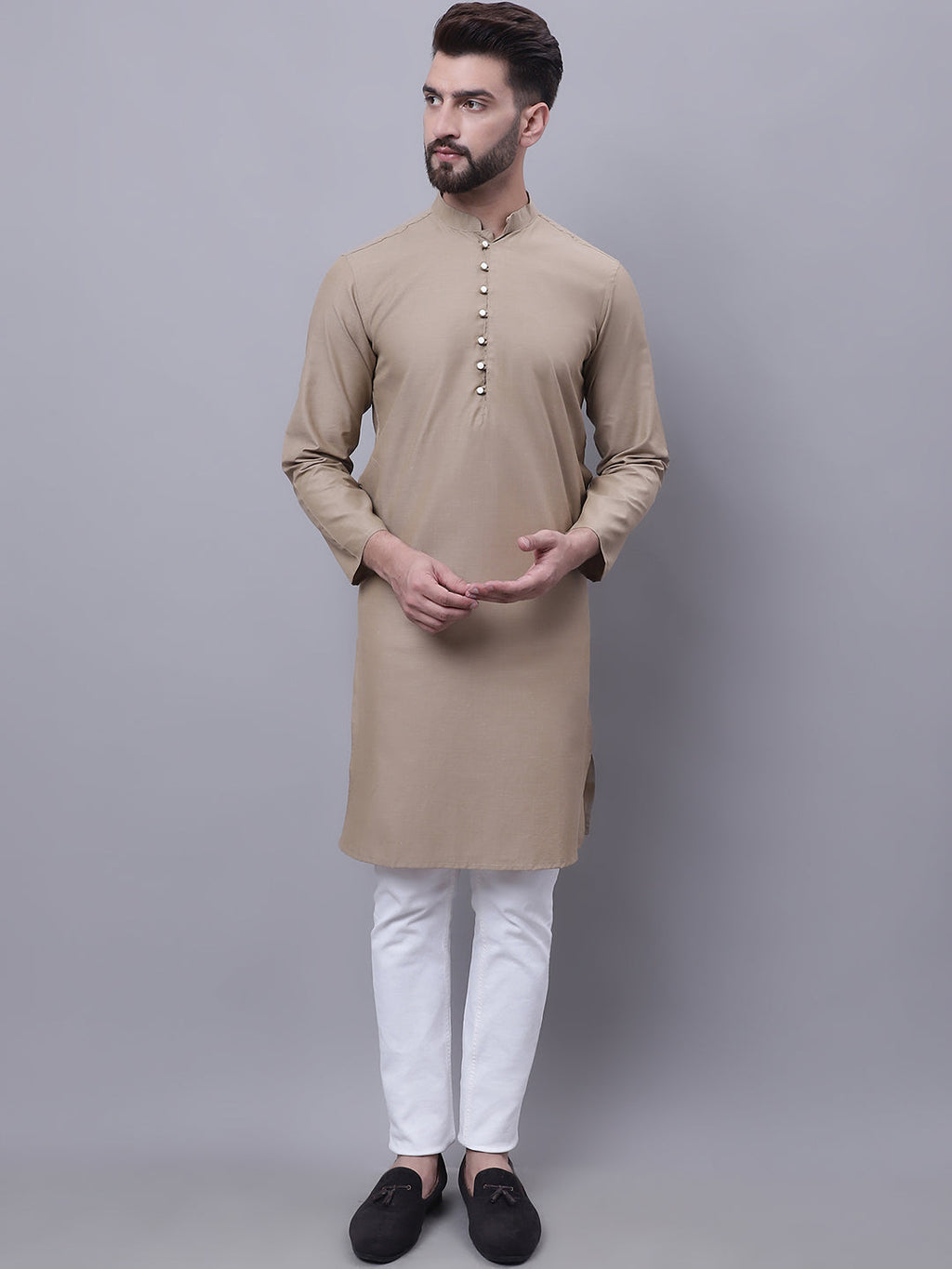 Even Apparels Beige Pure Cotton Kurta With Band Collar | Grocsy