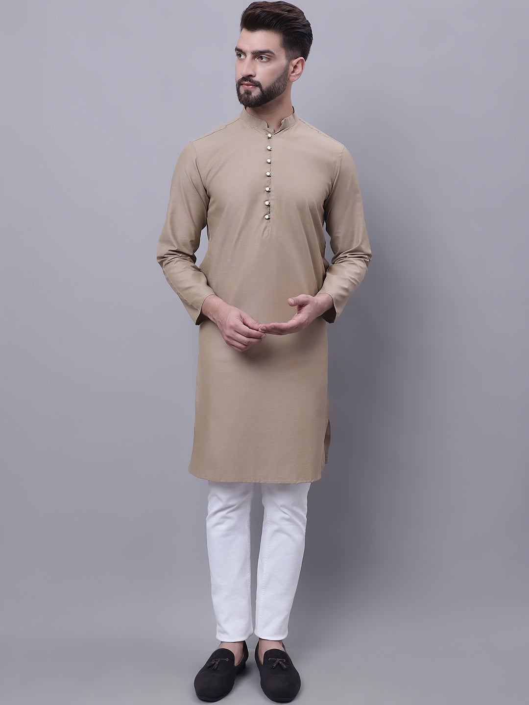 Even Apparels Beige Pure Cotton Kurta With Band Collar | Grocsy