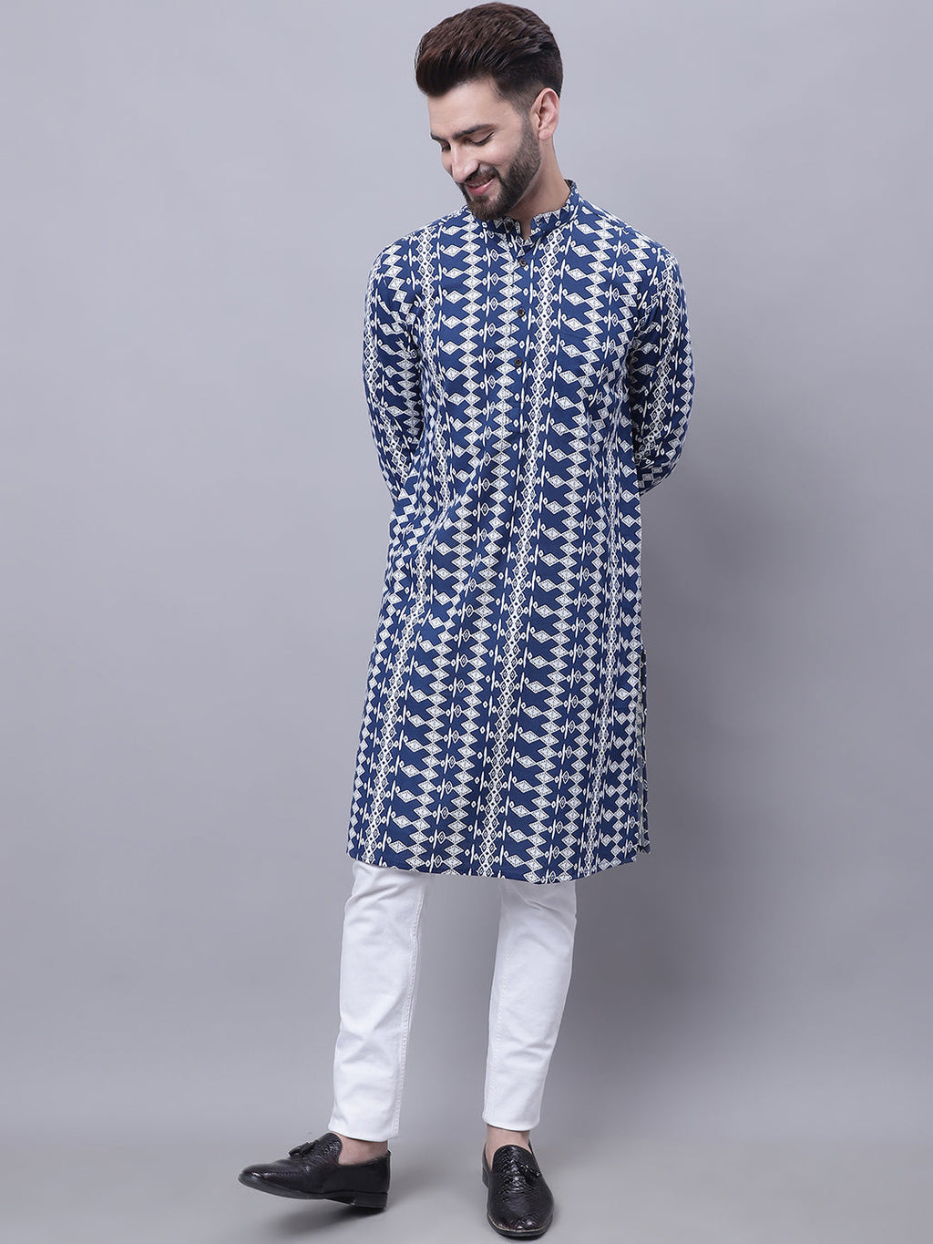 Even Apparels Blue Pure Cotton Kurta With Band Collar | Grocsy