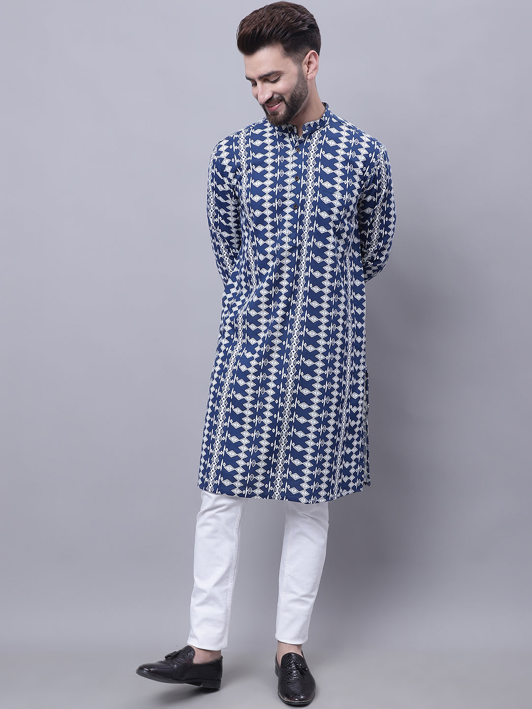 Even Apparels Blue Pure Cotton Kurta With Band Collar | Grocsy