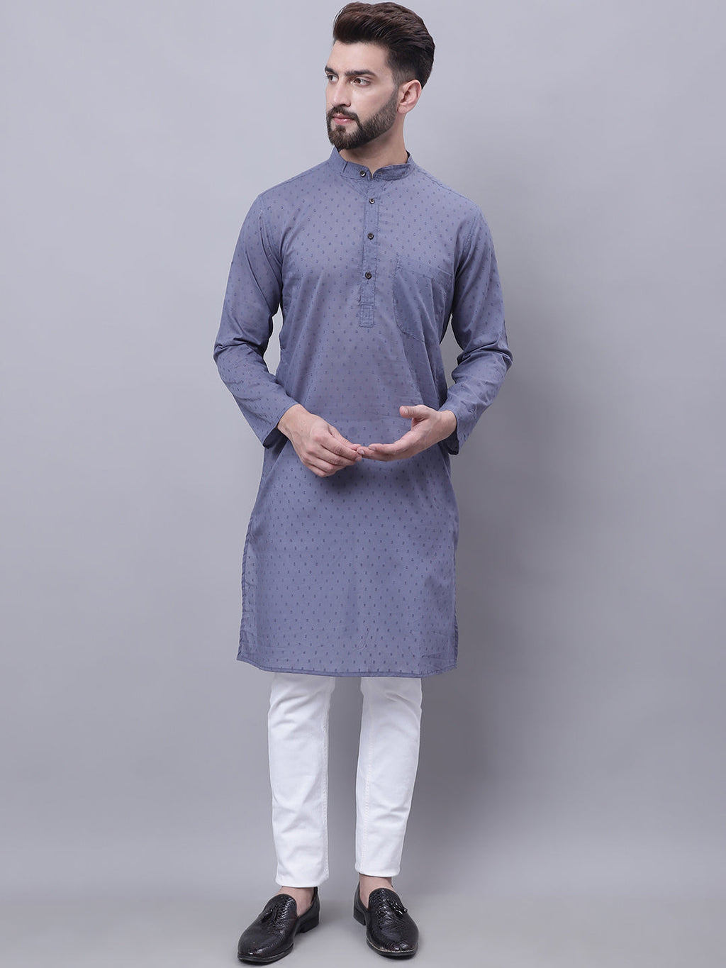 Even Apparels Grey Pure Cotton Kurta With Band Collar | Grocsy