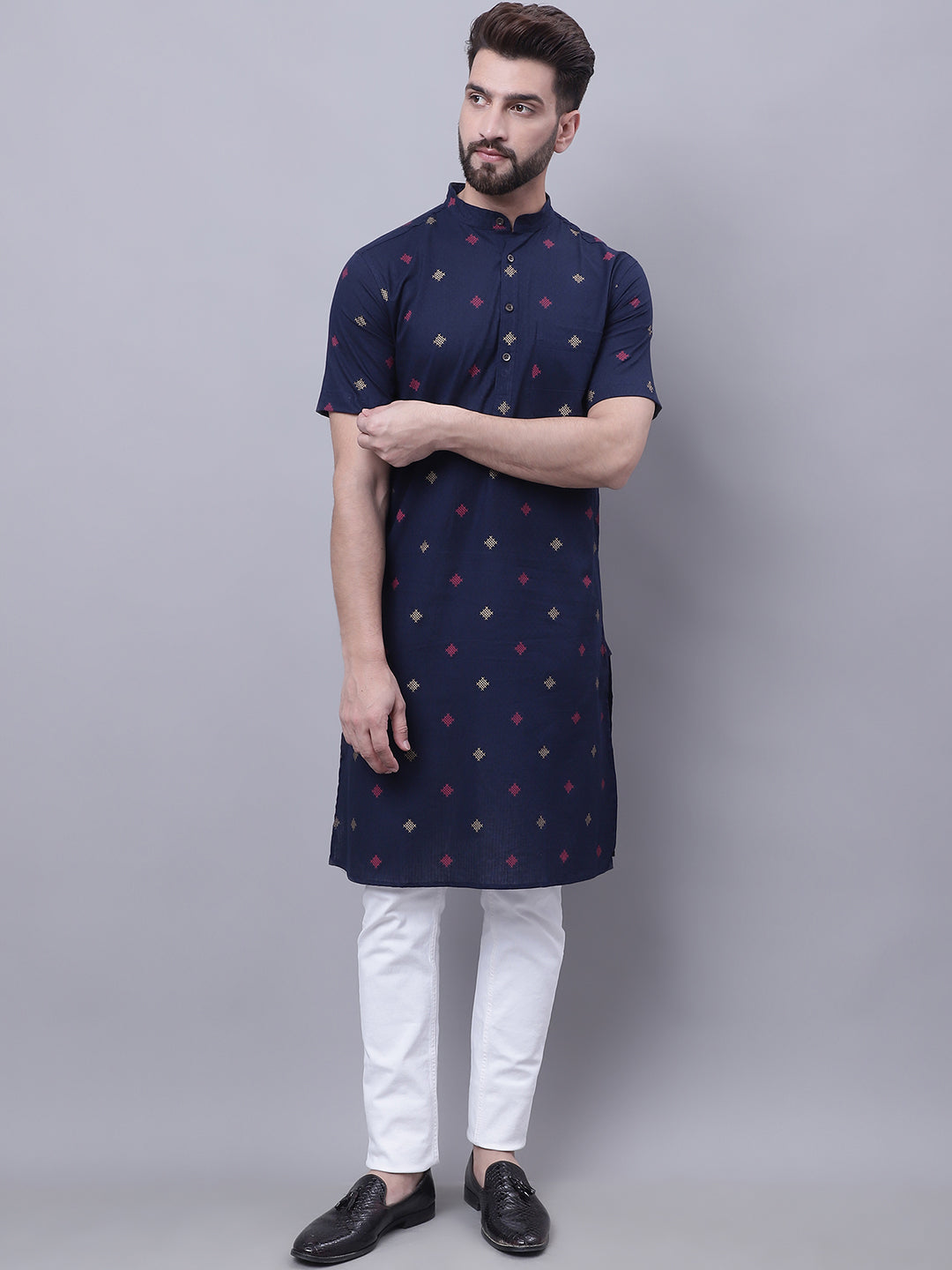 Even Apparels Blue Pure Cotton Short Sleeves Kurta With Band Collar | Grocsy