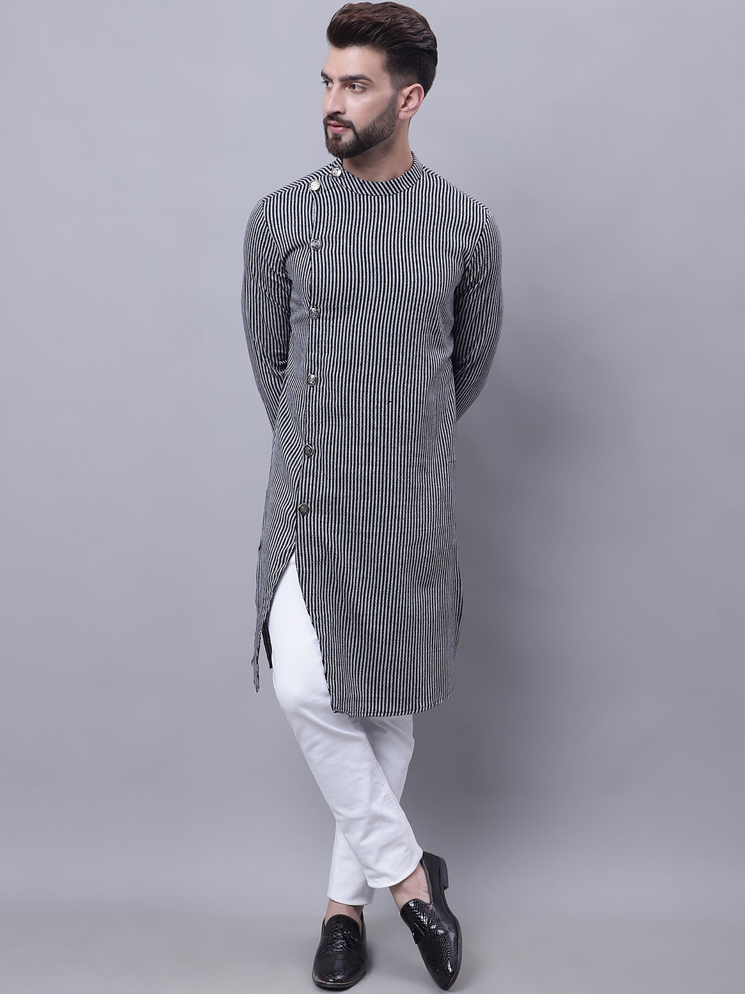 Even Apparels Black Sherwani Kurta With Asymetrical Cut | Grocsy