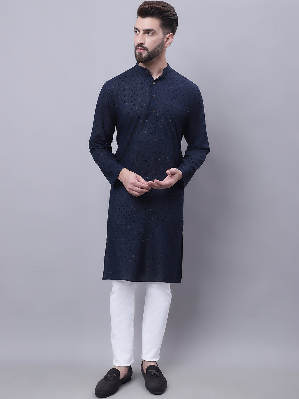 Even Apparels Blue Pure Cotton Kurta With Band Collar | Grocsy