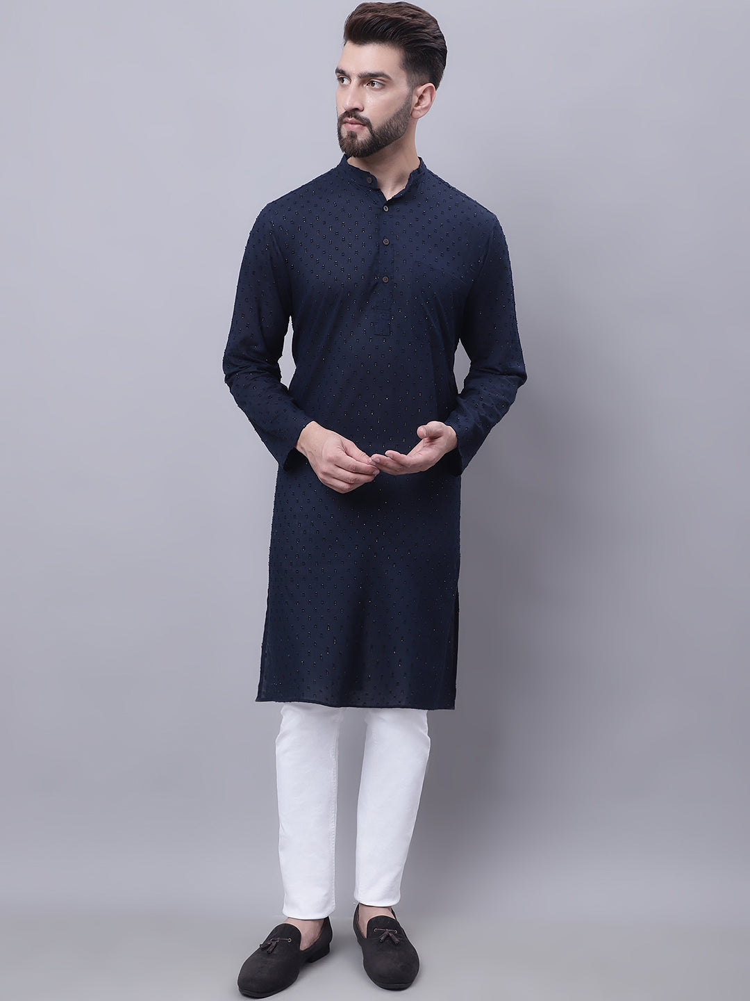 Even Apparels Blue Pure Cotton Kurta With Band Collar | Grocsy