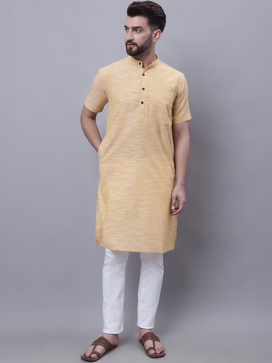 Even Apparels Yellow Pure Cotton Short Sleeves Kurta With Band Collar | Grocsy