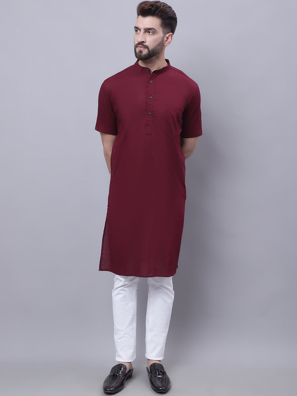 Even Apparels Red Pure Cotton Short Sleeves Kurta With Band Collar | Grocsy