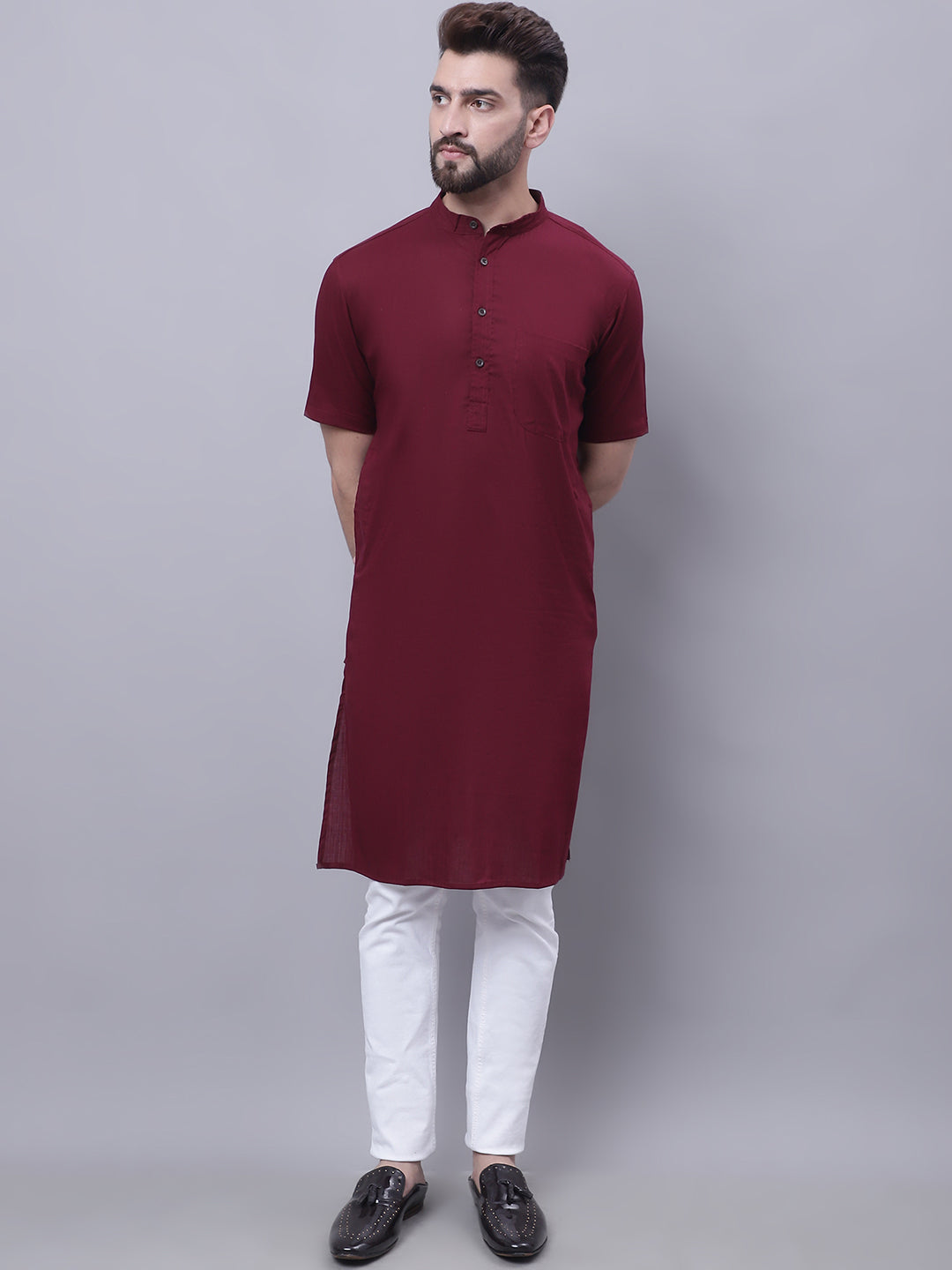 Even Apparels Red Pure Cotton Short Sleeves Kurta With Band Collar | Grocsy