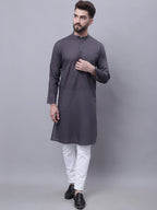 Even Apparels Grey Pure Cotton Kurta With Band Collar | Grocsy