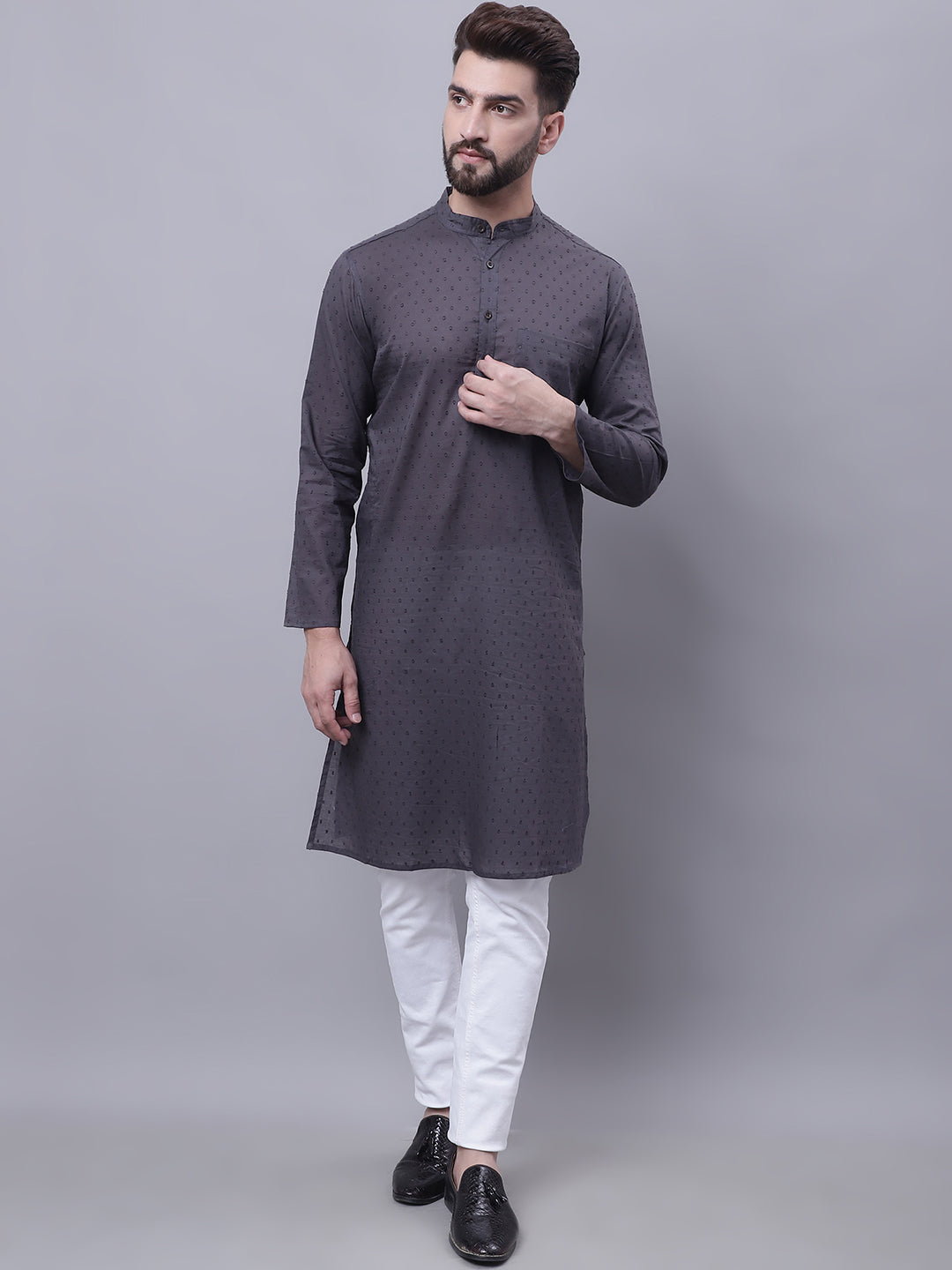 Even Apparels Grey Pure Cotton Kurta With Band Collar | Grocsy