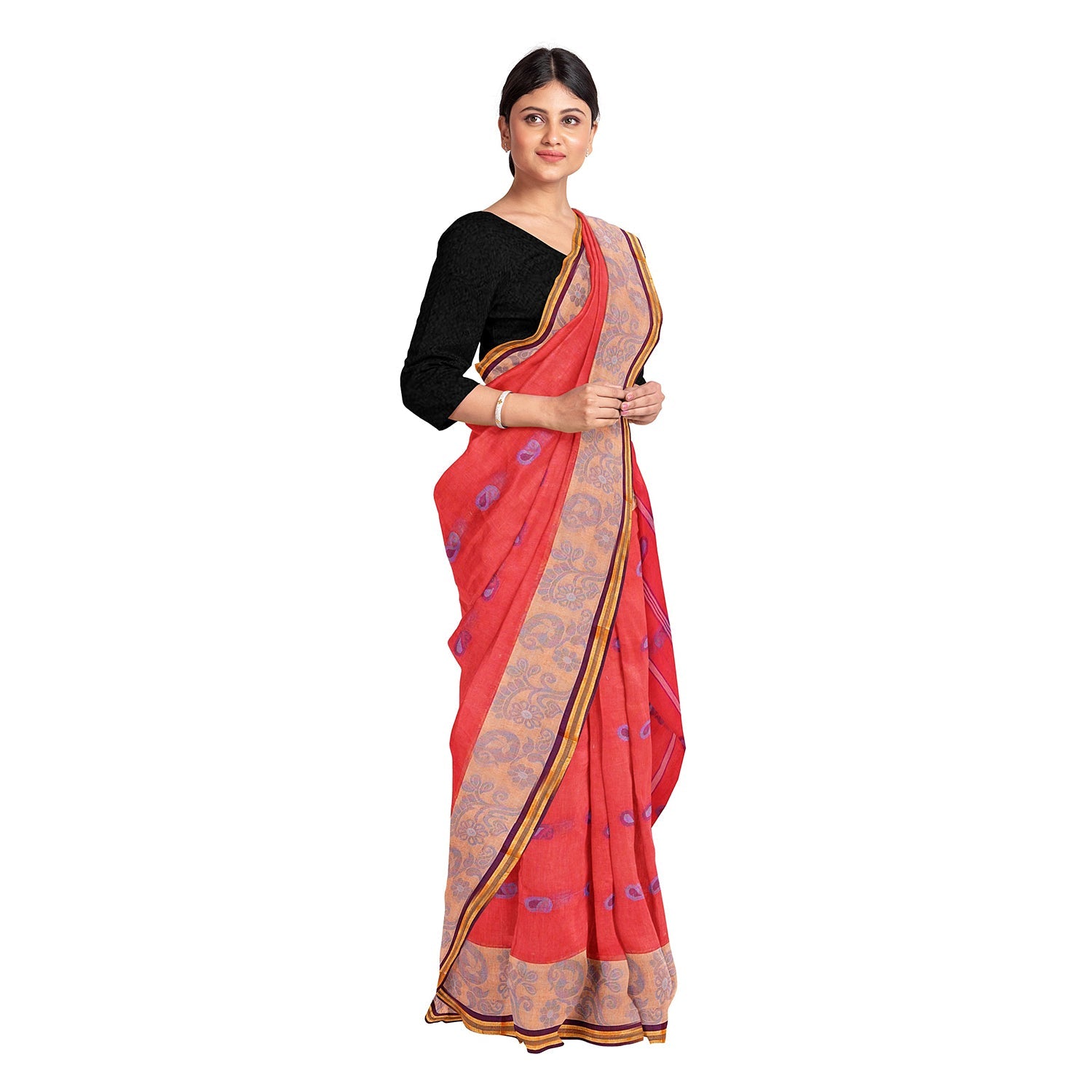 Exclusive Collection 100% Pure Cotton Red Tant Saree With Hand Weaving Work | Grocsy