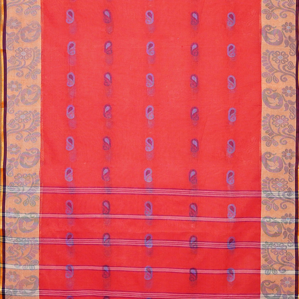 Exclusive Collection 100% Pure Cotton Red Tant Saree With Hand Weaving Work | Grocsy