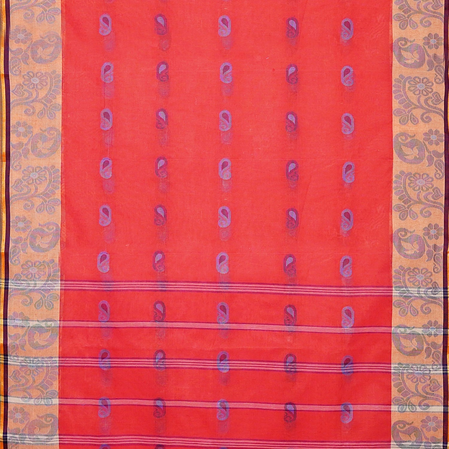 Exclusive Collection 100% Pure Cotton Red Tant Saree With Hand Weaving Work | Grocsy