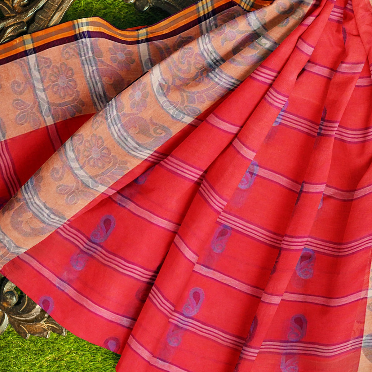 Exclusive Collection 100% Pure Cotton Red Tant Saree With Hand Weaving Work | Grocsy