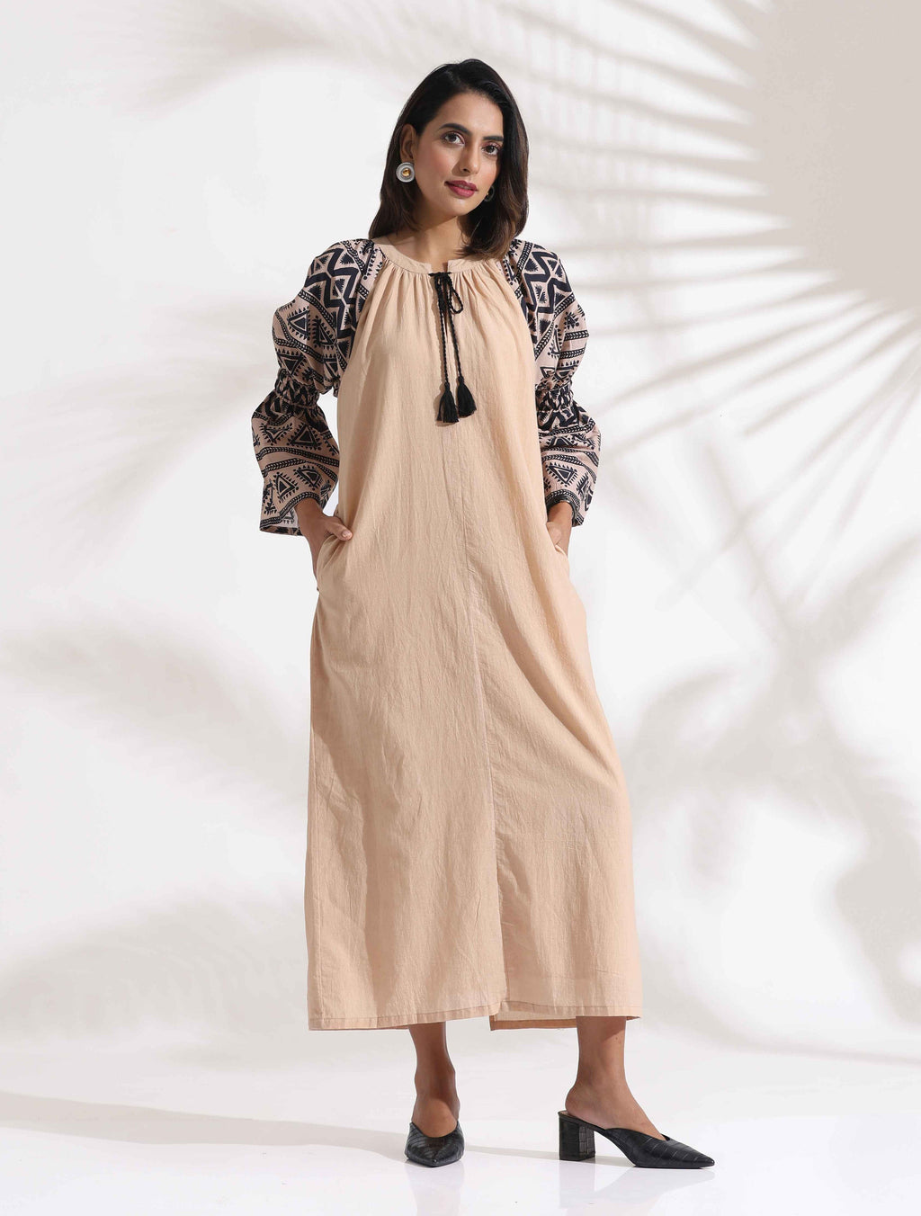 trueBrowns Beige Cotton Print Long Dress | Grocsy