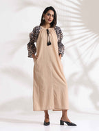 trueBrowns Beige Cotton Print Long Dress | Grocsy