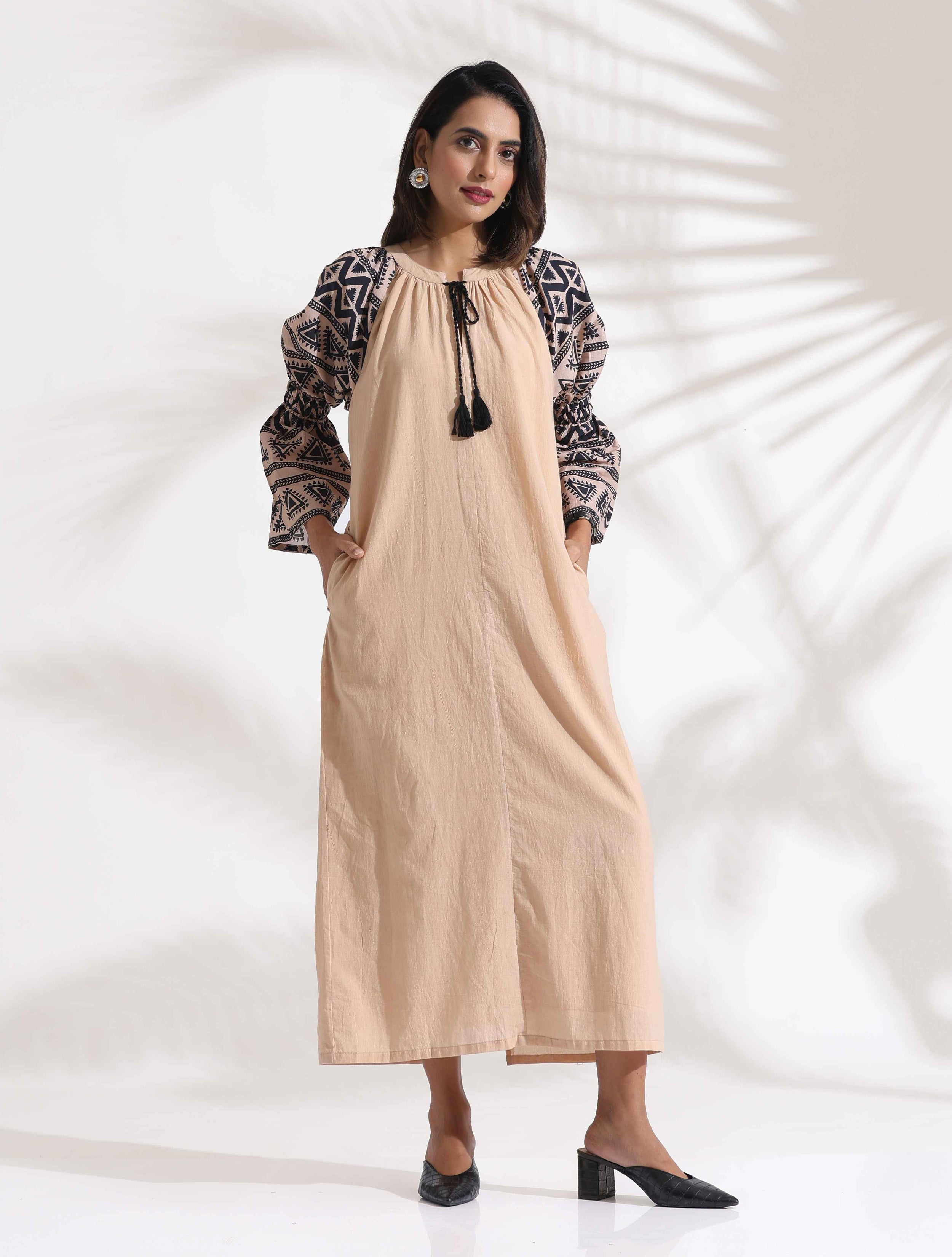 trueBrowns Beige Cotton Print Long Dress | Grocsy