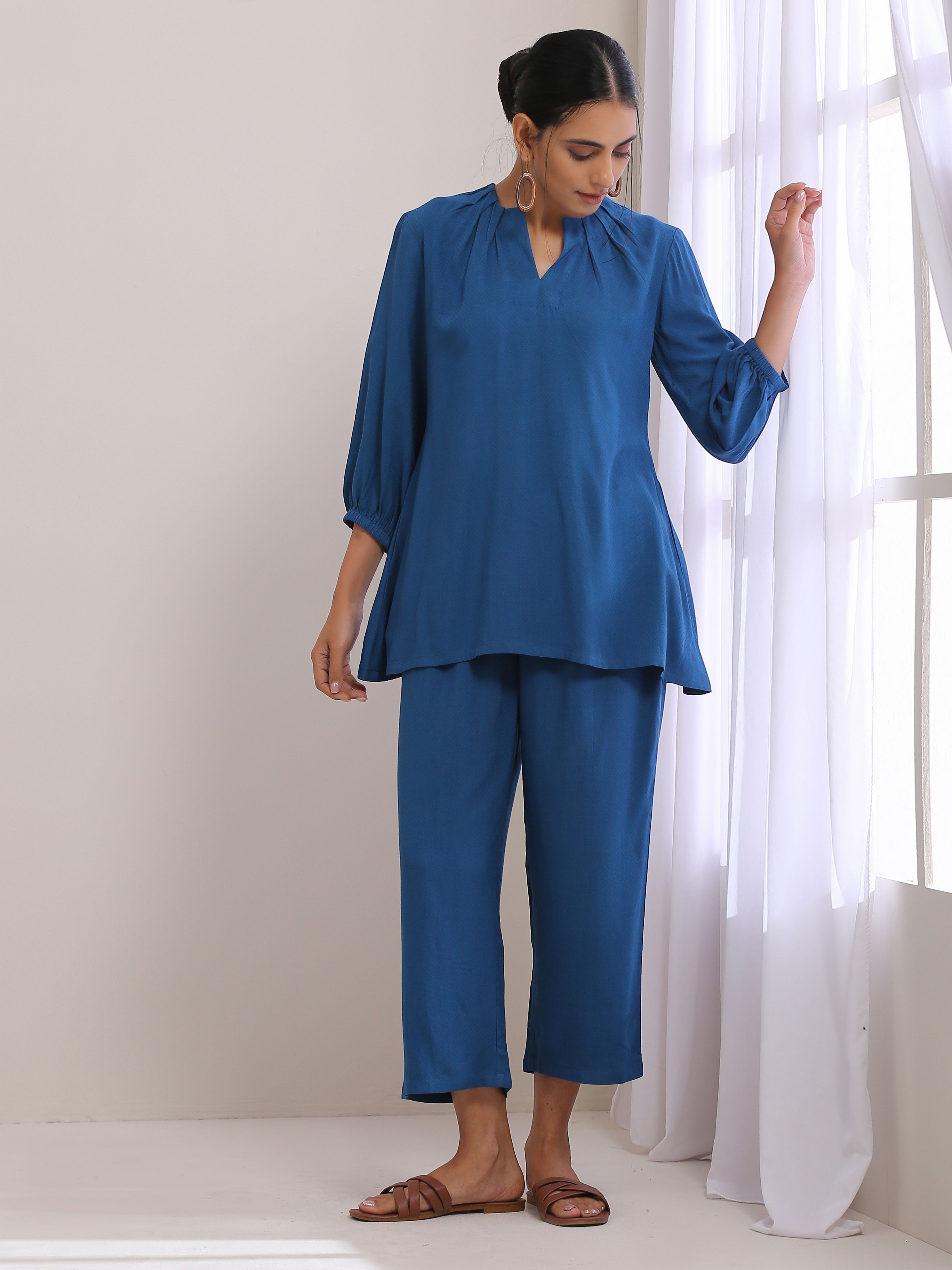 trueBrowns Classic Blue Dobby Pleated Co-Ord Set | Grocsy