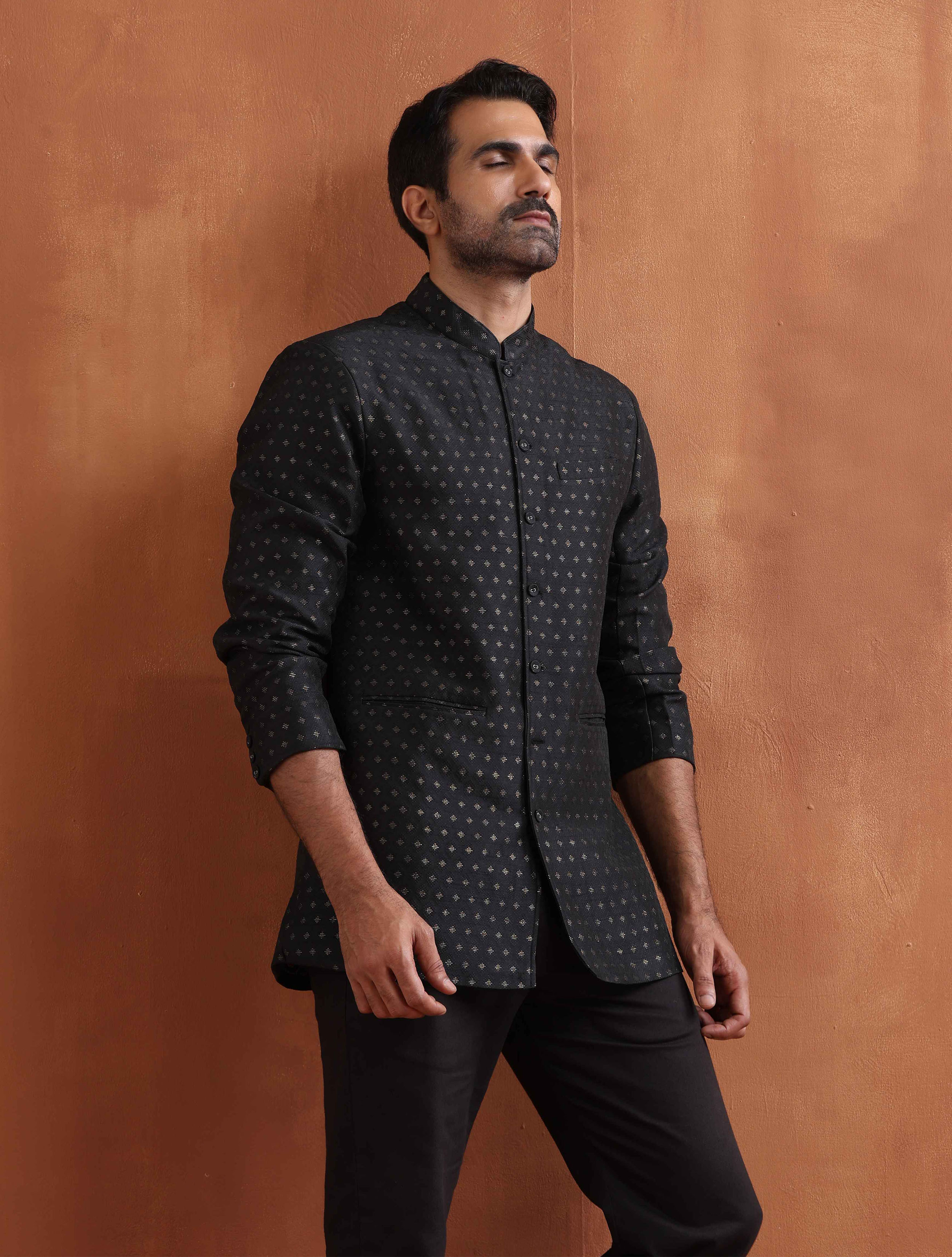 trueBrowns Men's Black Chanderi Long Jacket | Grocsy