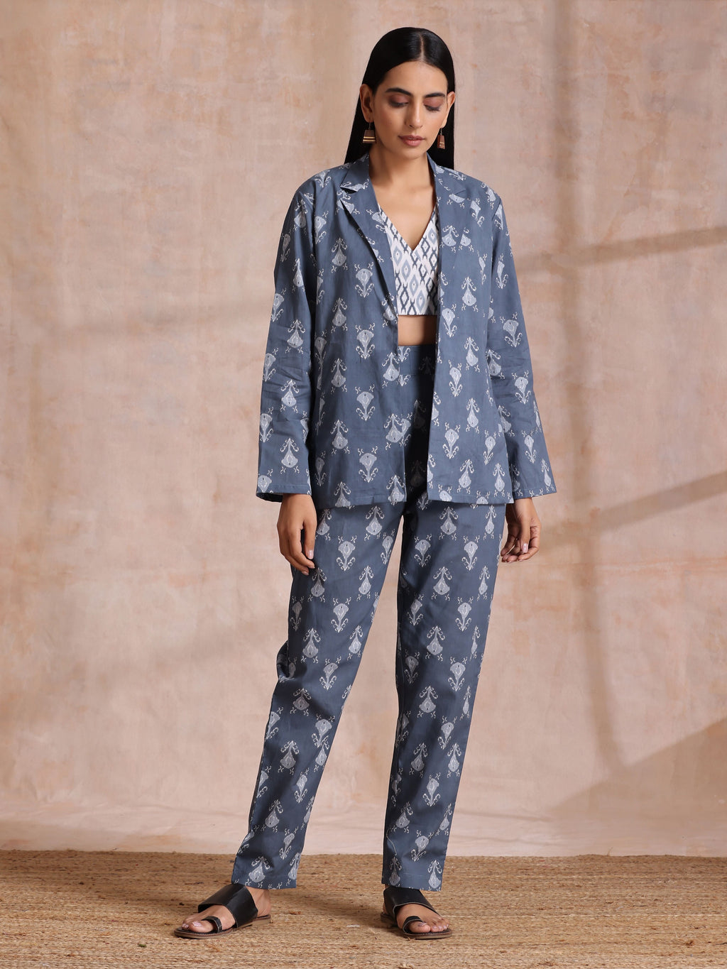 trueBrowns Grey On Grey Ikat Print Cotton Pant Suit Set | Grocsy