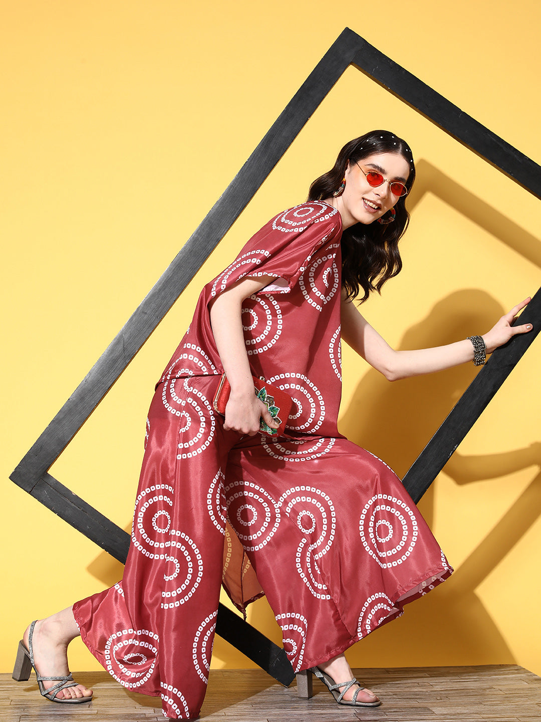 InWeave Women's Maroon Bandhani Motif One Shoulder Palazzo Set | Grocsy
