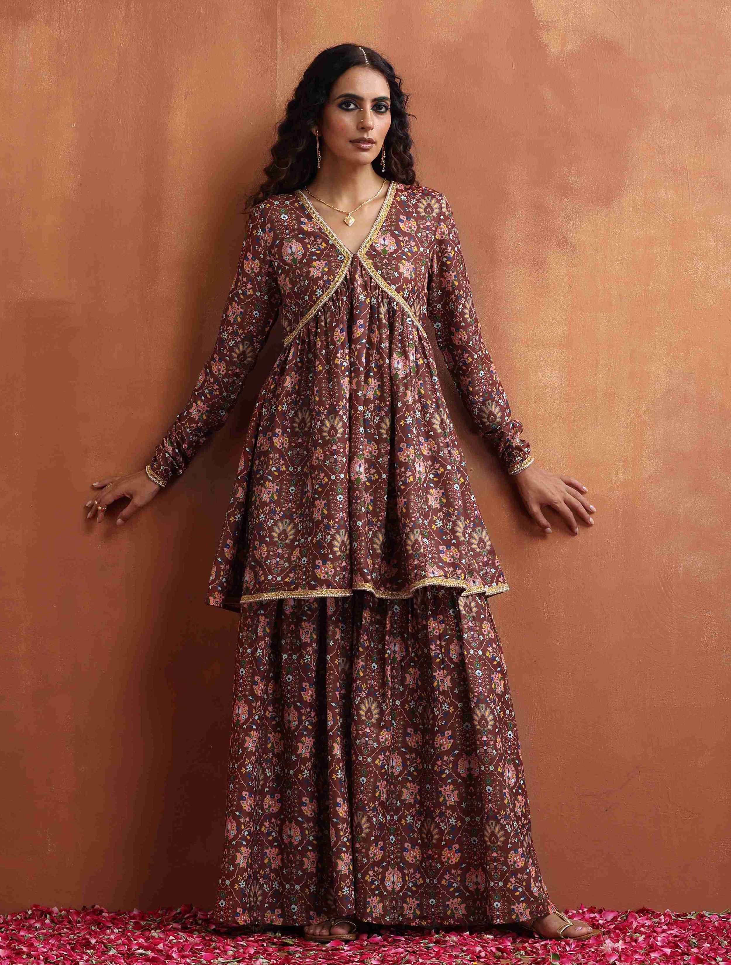 trueBrowns Brown Print Sharara Set | Grocsy