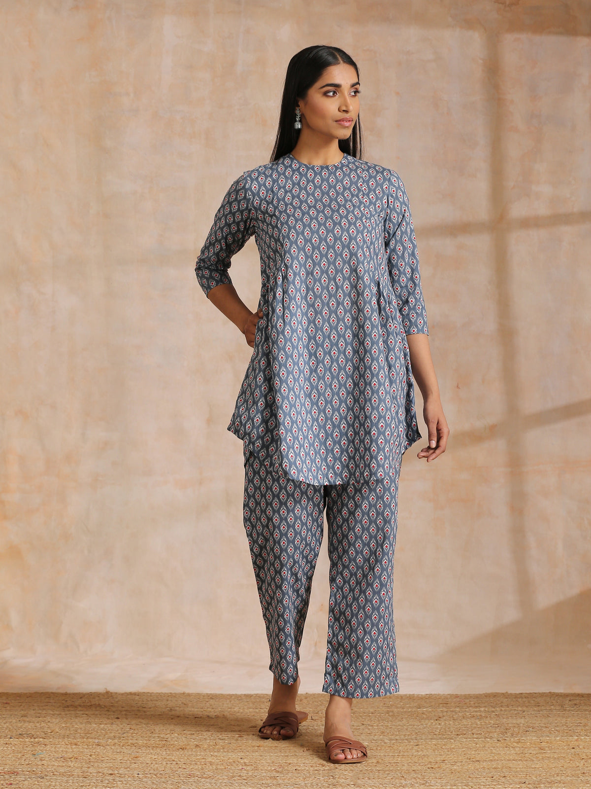trueBrowns Steel Grey Ikat Print Cotton Gathers Co-Ord Set | Grocsy