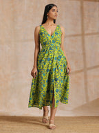 trueBrowns Lime Green Overall Teal Floral Block Print Cotton Sleeveless Wrap Dress | Grocsy