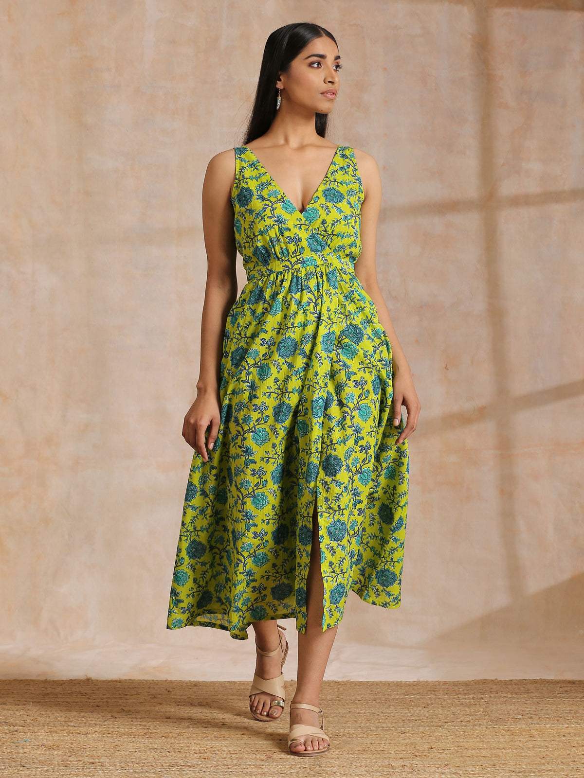 trueBrowns Lime Green Overall Teal Floral Block Print Cotton Sleeveless Wrap Dress | Grocsy