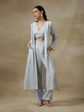 trueBrowns Grey Bandhani Printed Silk Overlay Jacket Blouse Pant Set | Grocsy