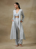 trueBrowns Grey Bandhani Printed Silk Overlay Jacket Blouse Pant Set | Grocsy